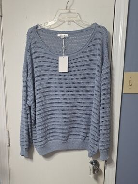 Forte Open-Weave Scoop Neck Sweater - Dusty Blue